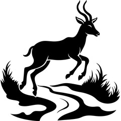 Graceful Antelope Silhouette Leaping Over Stream Vector Black Art