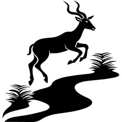 Graceful Antelope Silhouette Leaping Over Stream Vector Black Art