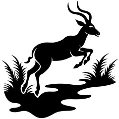 Graceful Antelope Silhouette Leaping Over Stream Vector Black Art