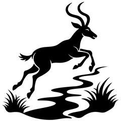 Graceful Antelope Silhouette Leaping Over Stream Vector Black Art