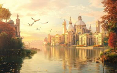 Obraz premium Beautiful city with river on sunsat background