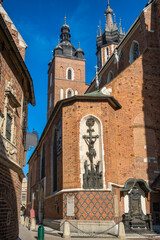 Saint Mary's Basilica on the main market square close-up in Krakow, Poland