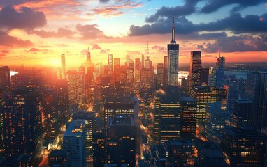 Fototapeta premium Beautiful city view on sunsat background