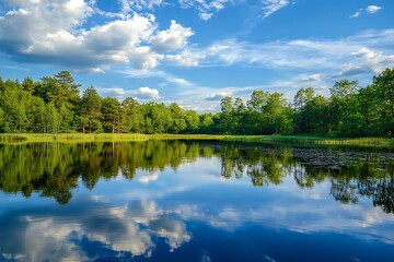 Fototapeta premium Calm Lake with Blue Sky and White Clouds Reflected in the Water