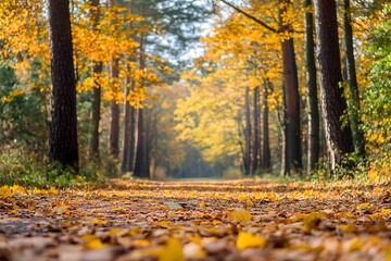 Path through fall forest with yellow leaves and sunlight