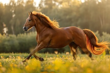 Obraz premium A stunning red horse with flowing mane gallops gracefully across a lush green lawn surrounded by blooming wildflowers