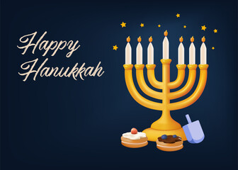 Happy Hanukkah greeting card with gold inscription and Golden menorah, candlestick with burning candles, Hanukkah celebration, candelabrum, traditional Israel decoration, vector illustration in 3D