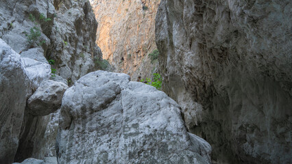 Deepest narrow stone canyon Saklikent in national park in Mugla Province in southwestern Turkey. Wild natural beauty