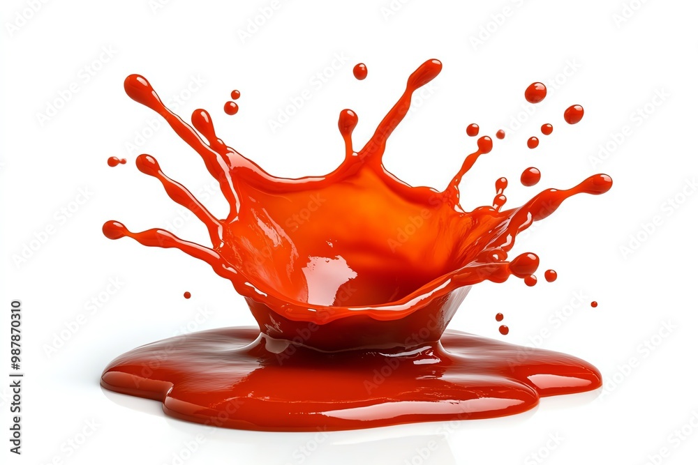 Poster abstract splash of hot sauce, with vibrant red and orange tones against a clean white background for