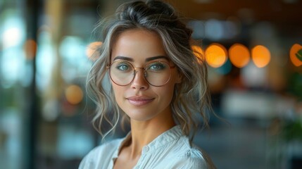 Obraz premium Gentle Aboriginal Woman in Modern Office with Slick Hairstyle and Glasses