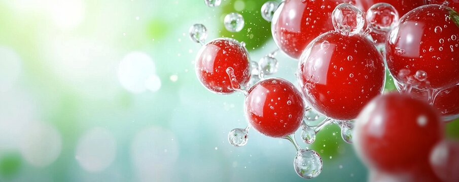Close-up view of vibrant red molecules surrounded by bubbles, showcasing intricate details and a fresh, dynamic background.