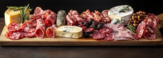 Fototapeta premium Variety of meat schees olives snacks wallpaper background