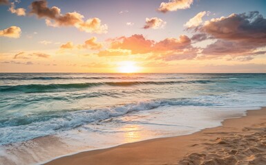 A vibrant sunset paints the sky over a tranquil ocean, casting a golden glow on the sandy shore.