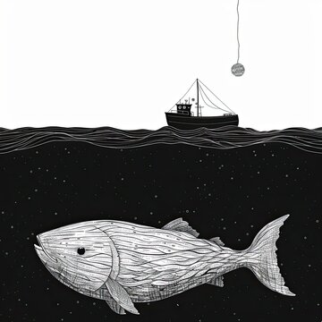 A giant fish swims through the dark sea water column beneath a fishing boat. Surrealistic subject. Image in black and white drawing style. Illustration for cover, card, interior design, decor or print