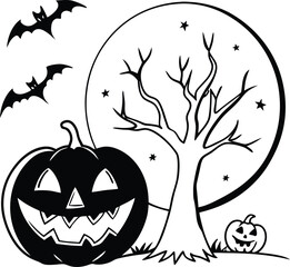A spooky Halloween illustration featuring a carved pumpkin, a leafless tree, and bats silhouetted against a full moon