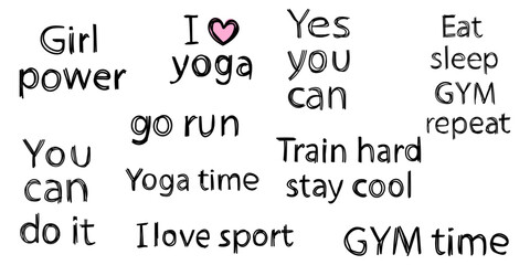 Motivational quotes for fitness and yoga enthusiasts in a lively design ideal for gym settings