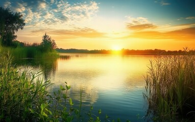 Obraz premium Beautiful nature with mountains and trees and lake