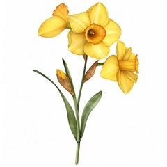 Fototapeta premium Watercolor illustration of a yellow daffodil flower with green leaves and buds isolated on a white background.