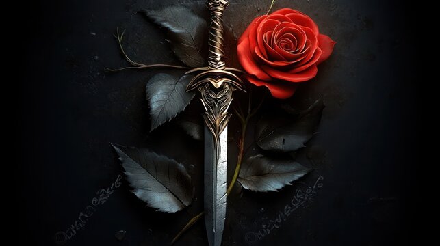 A dagger and a red rose against a black background, Knight sword and red rose flower. copy space