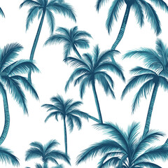 Blue palm trees on white background, seamless pattern