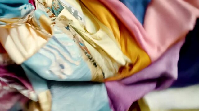 Movement of colorful scattered second-hand fabric, textile old rags for recycling background.