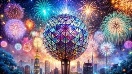 Iconic New Year’s Eve ball drop surrounded by colorful fireworks over a city skyline