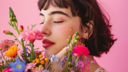 Naklejka premium A young woman enjoys a moment with colorful flowers against a bright pink background, embracing beauty and nature.