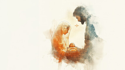 The Holy Family. Mary, Joseph and baby Jesus. Digital watercolor painting. © Faith Stock
