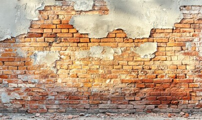 Old red brick wall, damaged background, rustic and weathered look, soft natural light.