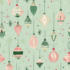 1950s style mid century modern christmas ornaments seamless background - teal and pink colors