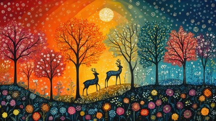 Traditional Gond art from India of deer and trees, brightly colored traditional Gond folk art from India featuring intricate patterns of deer.