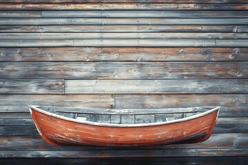 Obraz premium Red Canoe against Rustic Wooden Plank Wall Background