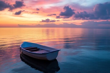 Single rowboat on calm water at sunset, peaceful scenery