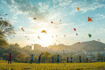 Kids flying kites in park on bright Sunday, enjoying vibrant atmosphere and beauty of nature. scene captures joy and freedom as kites soar against sky
