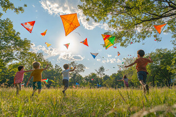 Kids flying kites in park on bright Sunday, enjoying sunny day and colorful kites soaring in sky. Their laughter fills air as they run freely