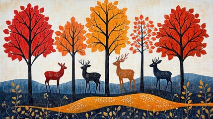 Traditional Gond art from India of deer and trees, brightly colored traditional Gond folk art from India featuring intricate patterns of deer.