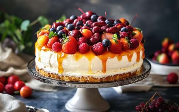 Delicious fruit on the table. Strawberry cake. Strawberry in the baslet