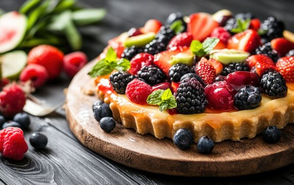 Delicious fruit on the table. Strawberry cake. Strawberry in the baslet