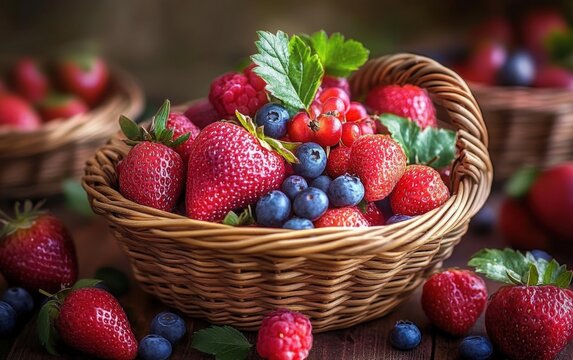 Delicious fruit on the table. Strawberry cake. Strawberry in the baslet