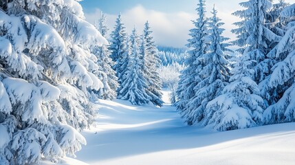 Fototapeta premium Snow-covered forest landscape with tall evergreens beneath a cloudy sky during winter season