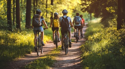 Naklejka premium Five cyclists enjoying a scenic ride along a gravel path near a serene lake on a sunny day in nature