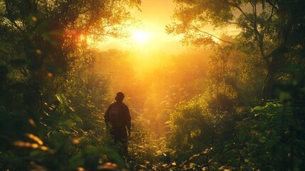 Obraz premium A scientist tagging wildlife in a dense jungle, surrounded by towering trees and vines, with the setting sun casting a soft glow, blending scientific research with the untamed beauty of nature.