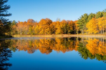Obraz premium Fall foliage reflected in a still lake under blue sky