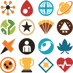 A collection of colorful icons in various shapes and designs, representing diverse concepts and ideas. The images feature a variety of symbols, including stars, globes, and abstract shapes.