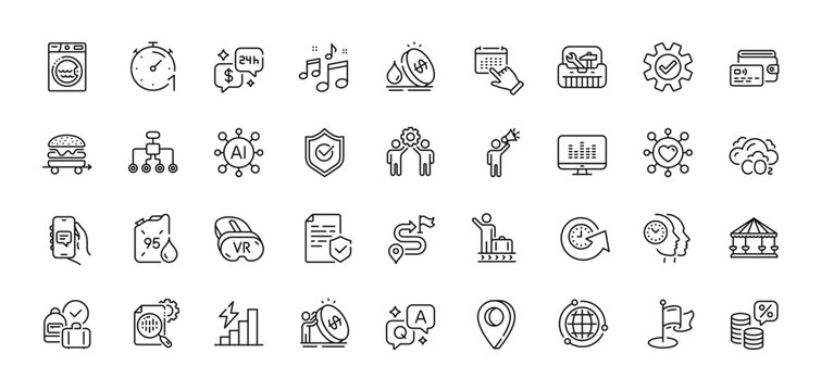 Chat app, Co2 and Wallet line icons pack. AI, Question and Answer, Map pin icons. Time management, Timer, Globe web icon. Laundry, Employees teamwork, Brand ambassador pictogram. Vector