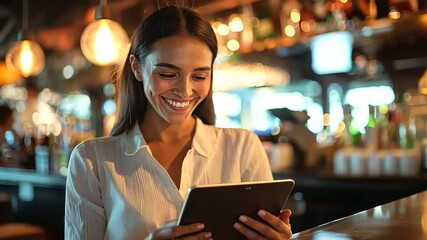 Waitress smiling as she uses digital tablet to check orders or manage reservations in a bustling bar environment, highlighting the role of technology in improving service and customer satisfaction