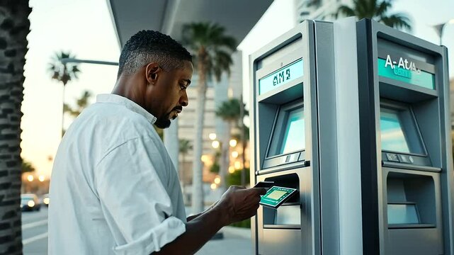 A man using an ATM machine for money withdrawal, inserting his credit card and withdrawing cash, showcasing a financial transaction in an outdoor setting