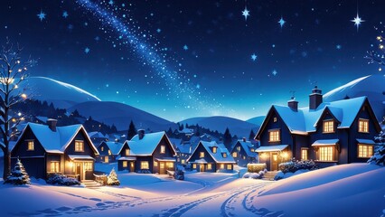 A serene winter village under a starry night sky, showcasing cozy homes and snow-covered landscapes.