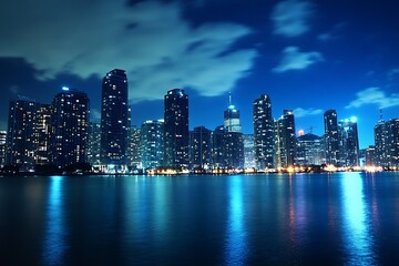 Naklejka premium Night cityscape with city lights reflected in the water