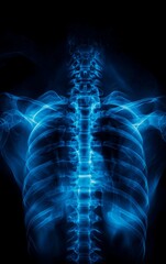 A captivating blue x-ray image showcasing a human skeleton, emphasizing the spine and ribcage against a dark background.